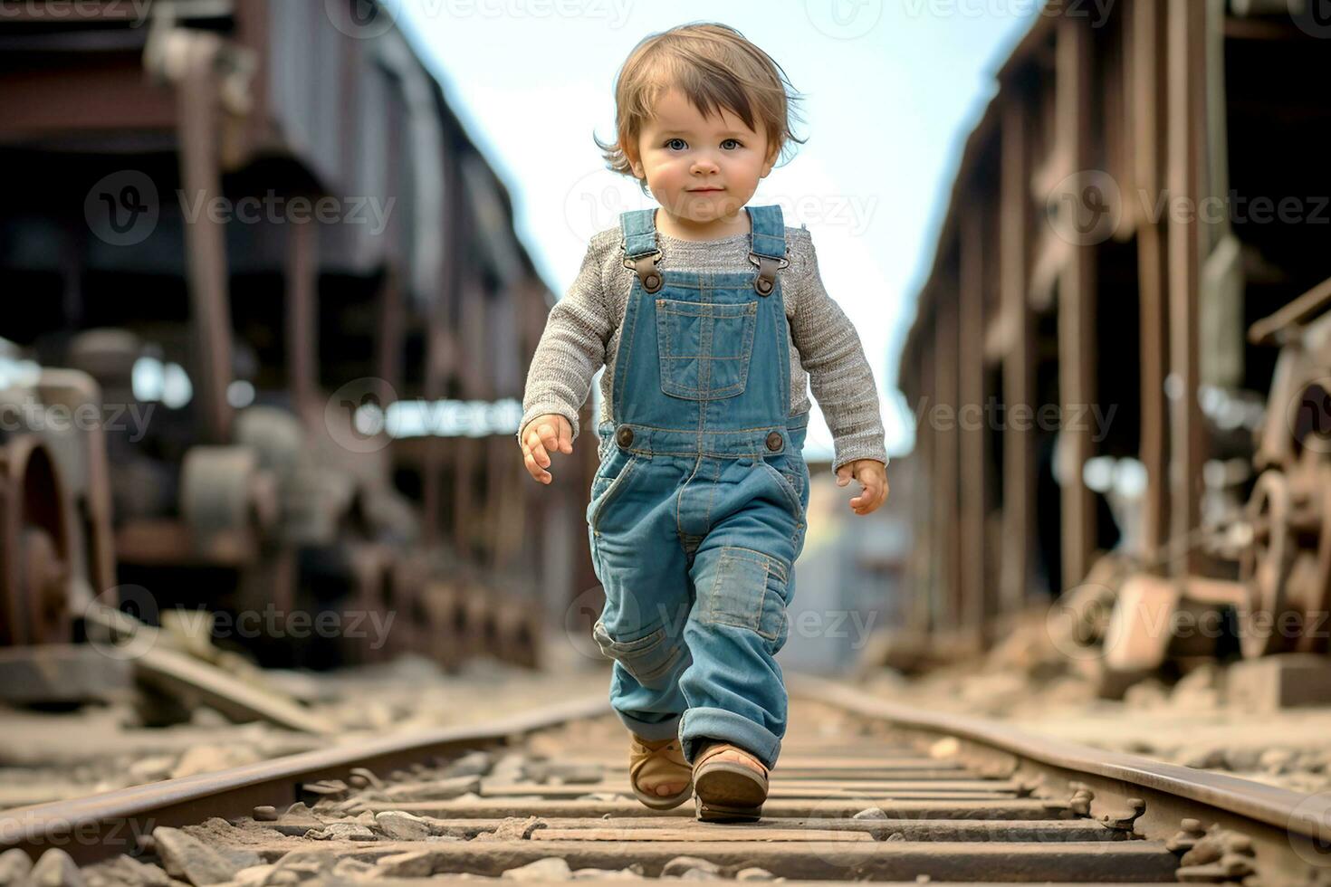 poco ragazzo apprendimento per camminare. carino poco ragazzo, a piedi e giocando indossare giardinaggio Abiti. generativo ai foto