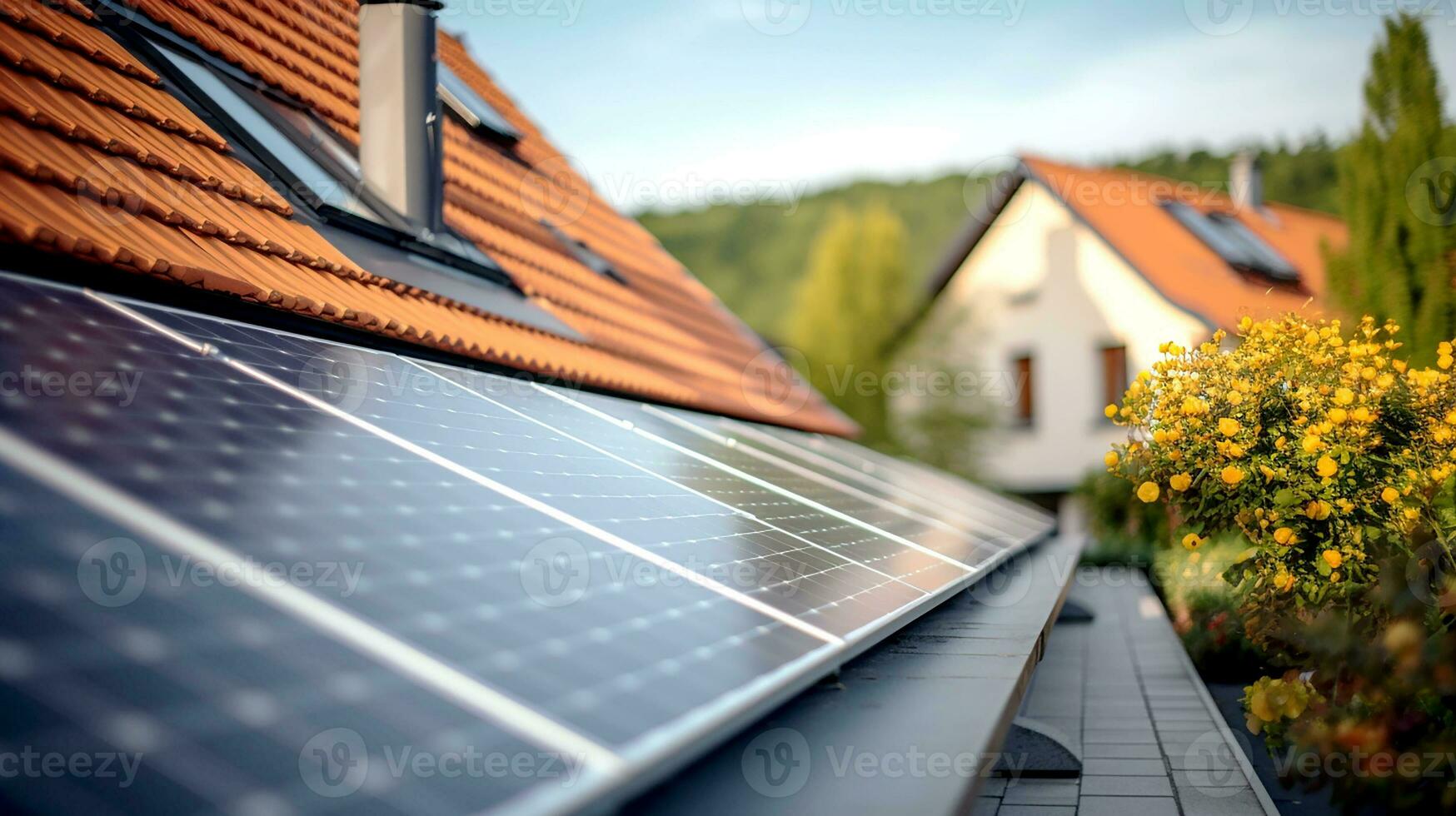 vicino su di tetto moderno Casa con solare pannello cellula. rurale alloggiamento quello usi solare pannello. concetto di alternativa energia e energia sostenibile risorse. generativo ai foto