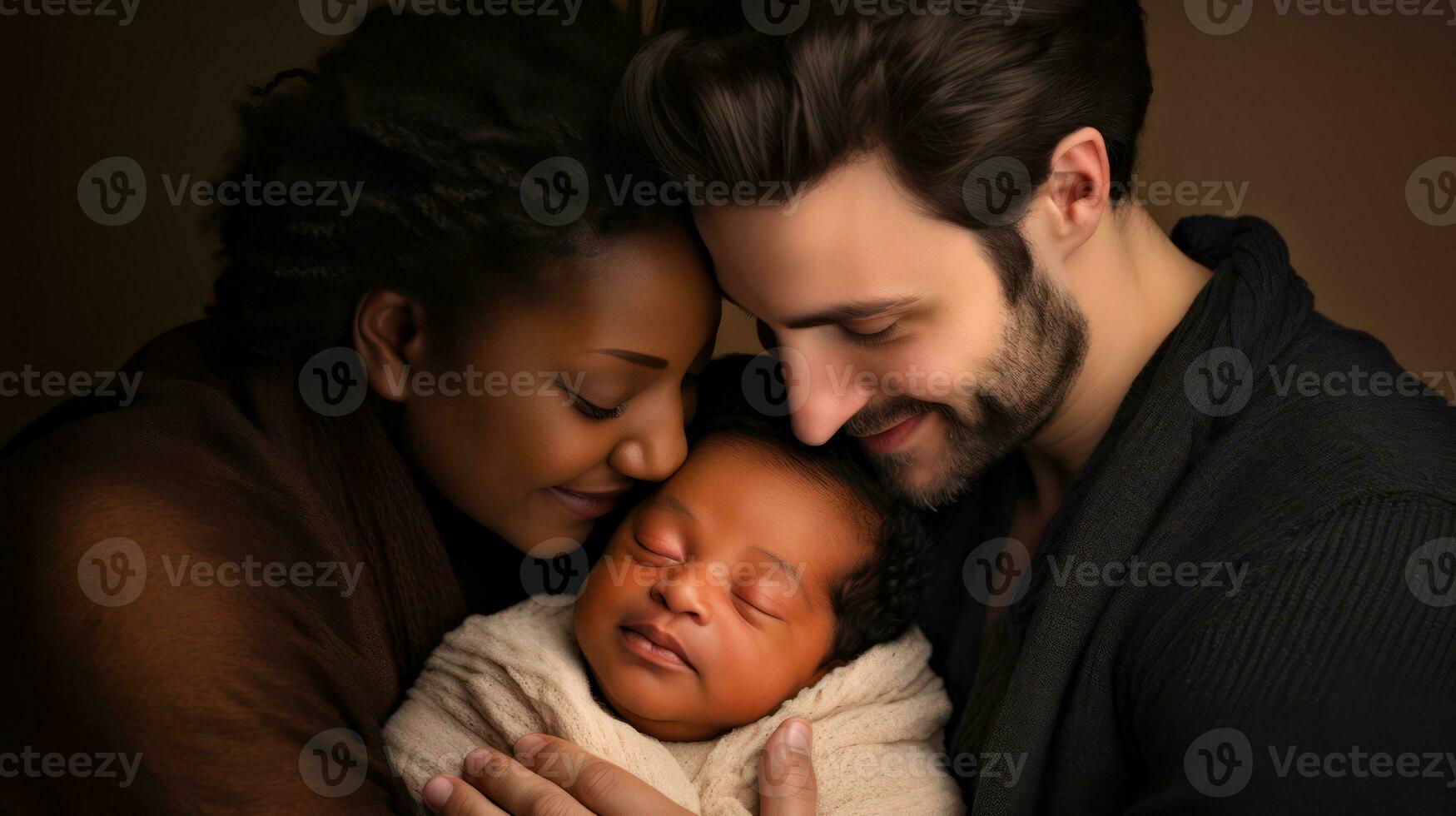 contento giovane famiglia con un' neonato bambino nel il mani di un' uomo e un' donna generativo ai foto