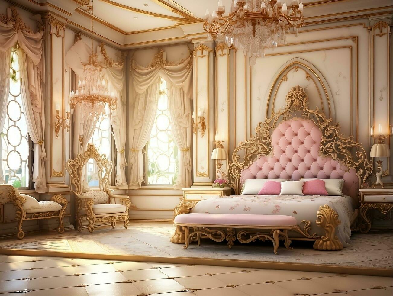 bellissimo Principessa Camera da letto nel il reale Casa ai generativo foto
