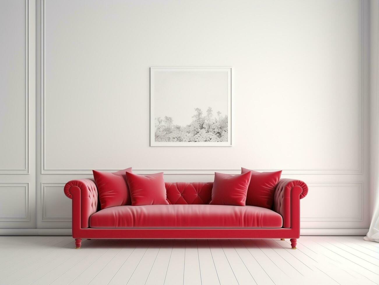 rosso divano con cuscini su un' bianca interno parete ai generativo foto