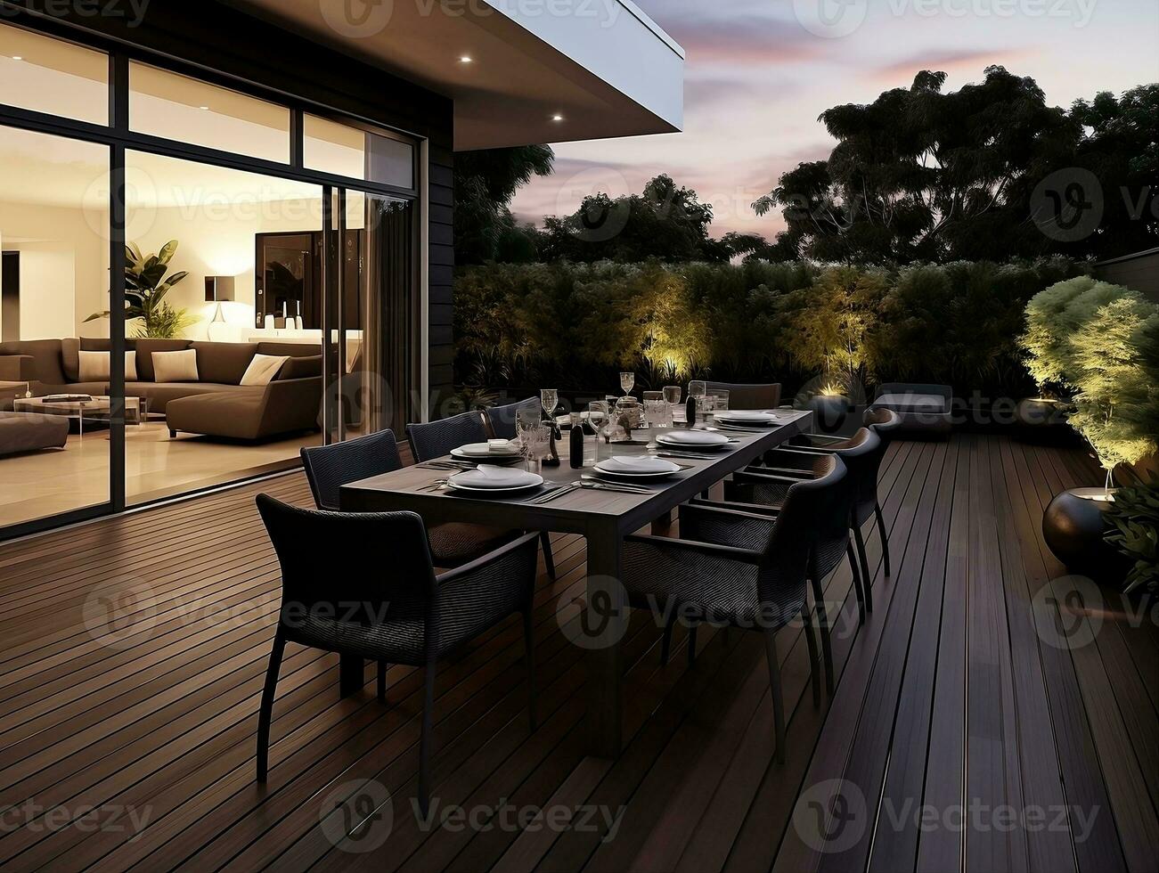 moderno terrazza con grande cenare tavolo e di legno pavimento nel davanti di Casa ai generativo foto