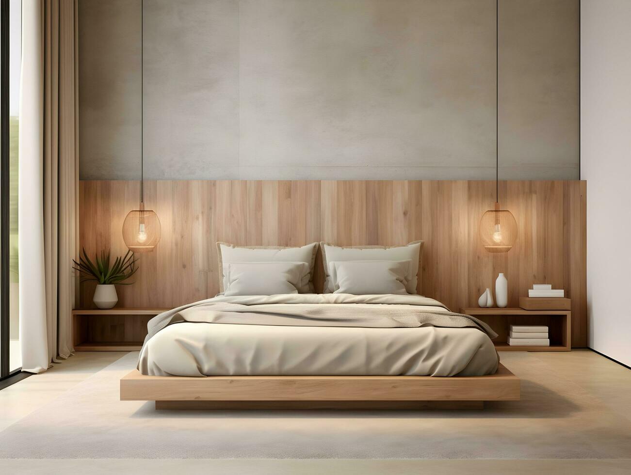 ai generato moderno di legno Camera da letto con di legno mobilia ai generativo foto