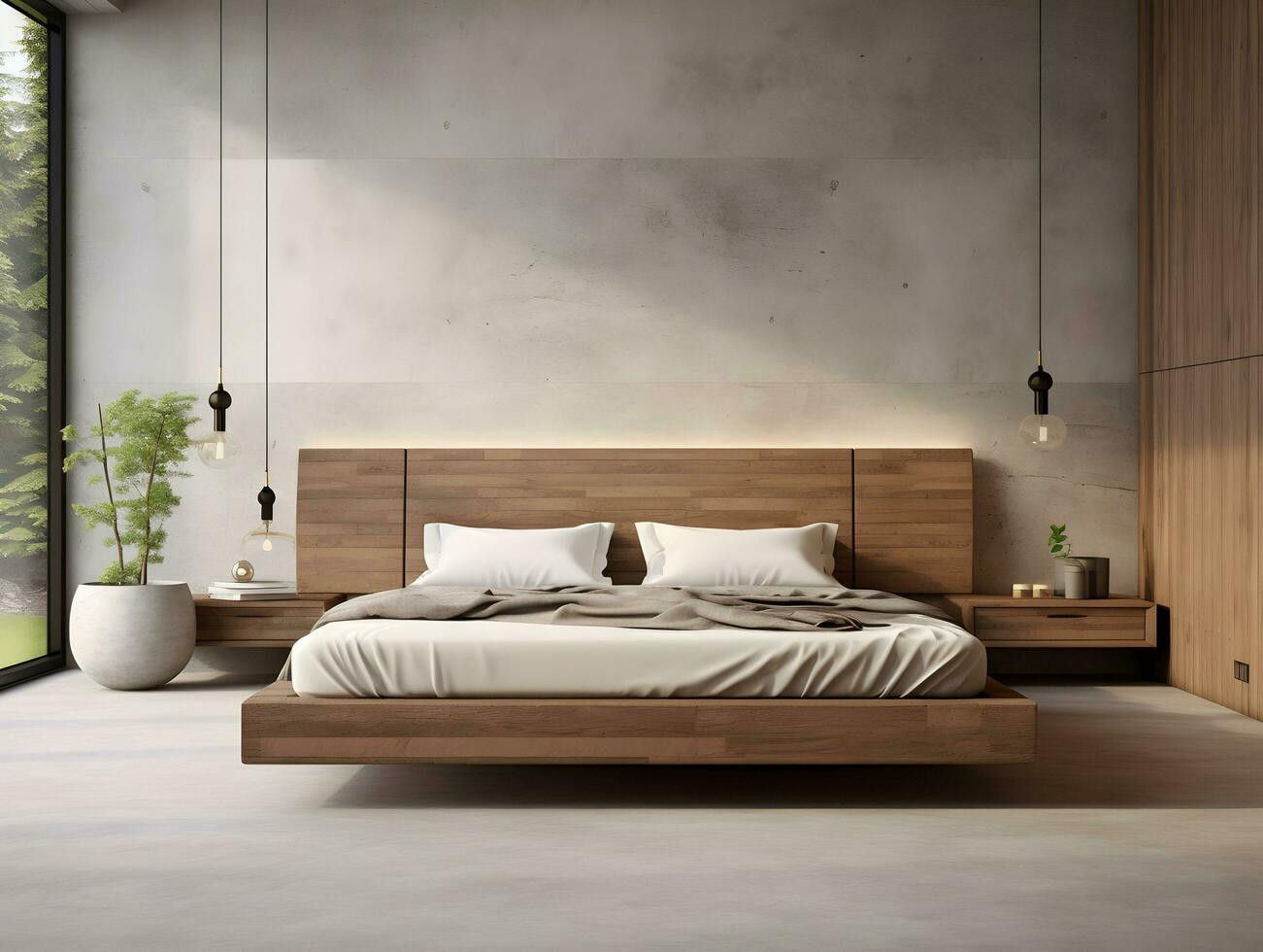 ai generato moderno di legno Camera da letto con di legno mobilia ai generativo foto