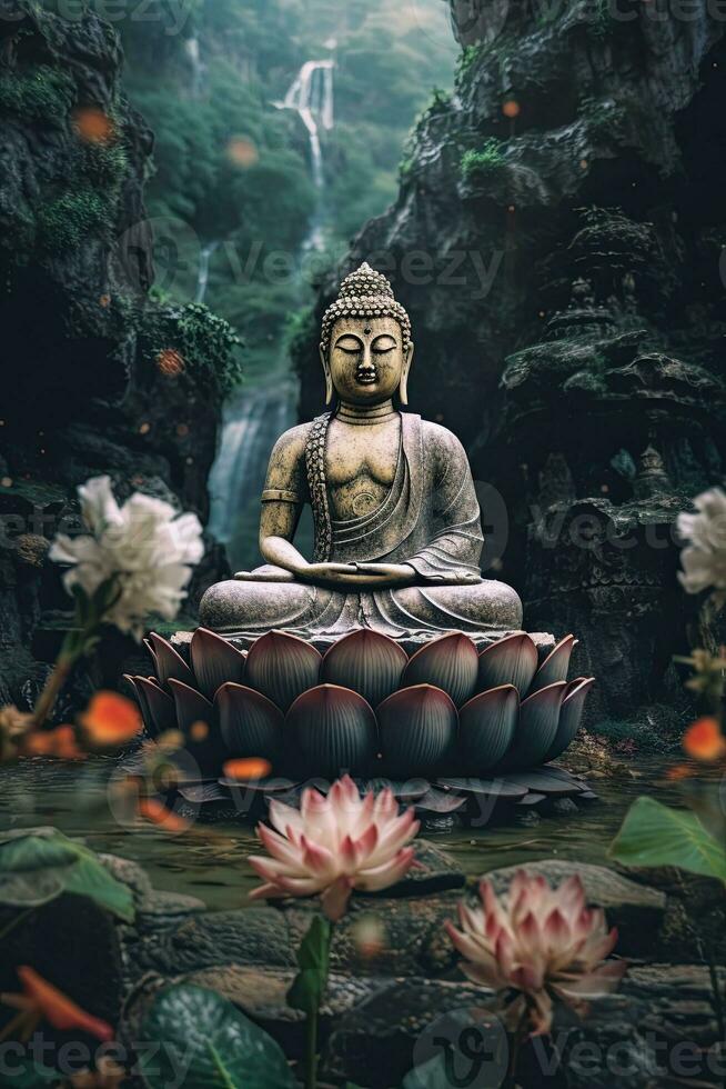 generativo ai, Budda statua nel il montagne, con loto fiori, naturale illuminazione, naturale ambiente foto