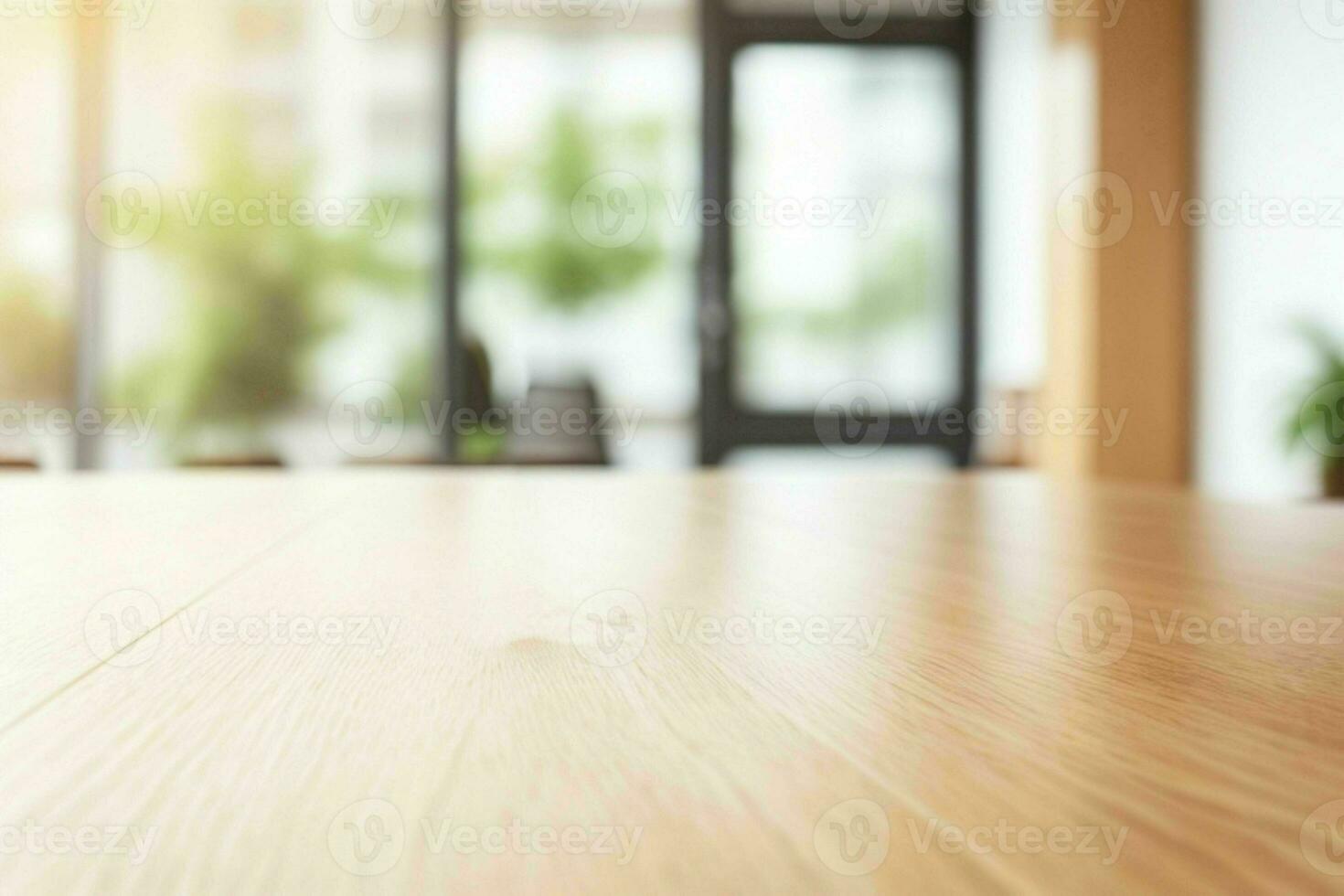 ai generato legna tavolo con sfocato nel ufficio interno spazio sfondo. ai generativo professionista foto