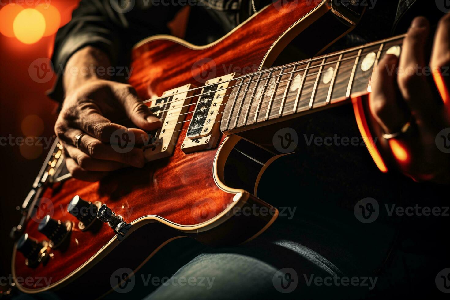 ai generato fotografia di uomo dita urgente stringhe su un elettrico chitarra foto