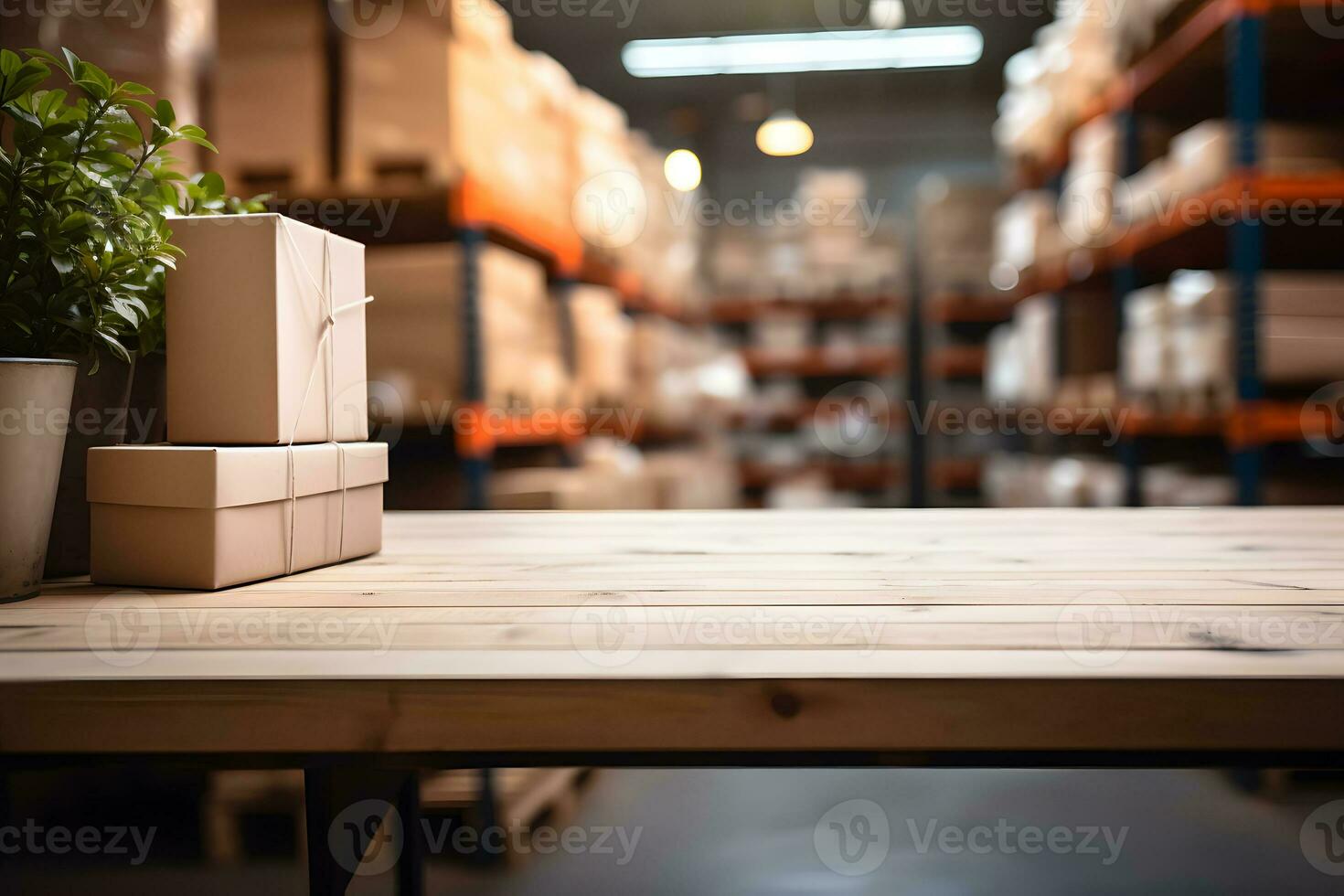 industriale la logistica arredamento su vuoto di legno tavolo, Prodotto sfondo, ai generato foto