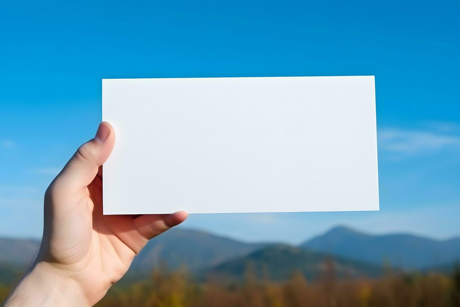 all'aperto pubblicità concetto, mano Tenere paesaggio carta sotto blu cielo, ai generato foto