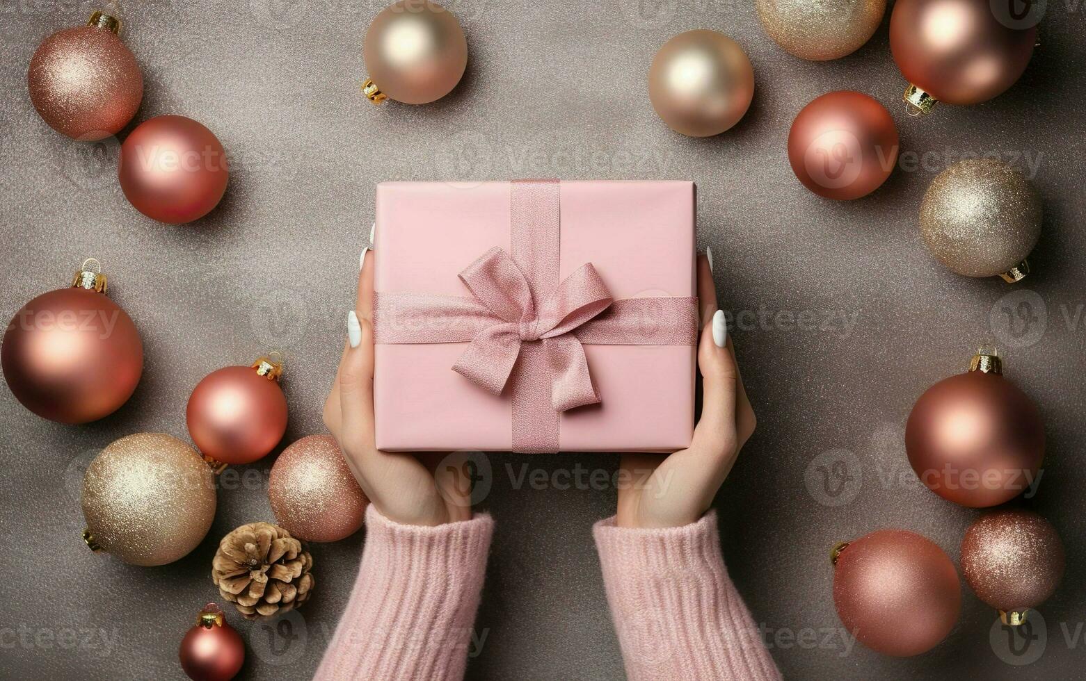accogliente Natale composizione con donna di mani Tenere un' rosa regalo su un' tonica caldo coperta circondato di elegante shimmery albero lampadine. alto composizione. ai generativo foto