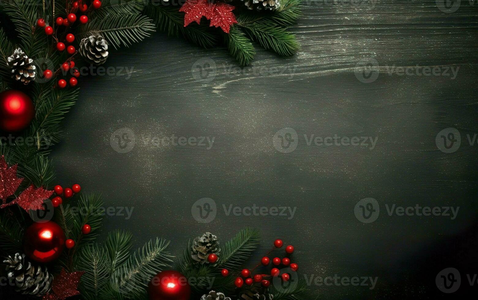 contento allegro Natale manifesto. decorato pino albero ramoscelli per un' ghirlanda su un' buio di legno sfondo, copia spazio a il Giusto. ai generativo foto