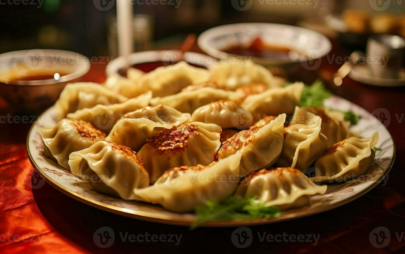 contento Cinese nuovo anno festa foto. fotorealistico Ravioli con spezie su il tavolo, vicino su, de messa a fuoco. ai generativo foto