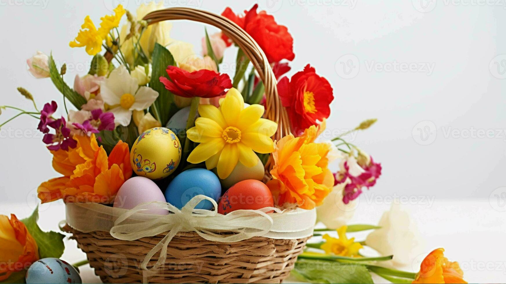 Pasqua uova nel cestino con fiori e rosa fiorire generato con ai foto