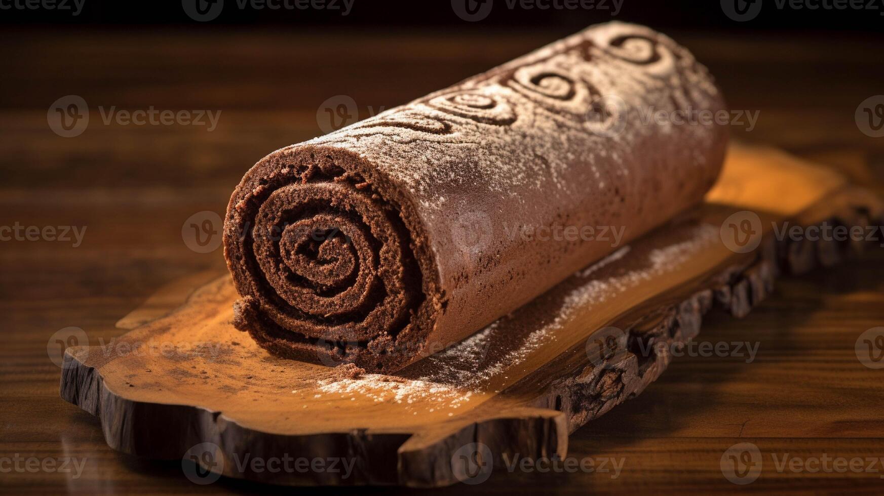 cioccolato rotolo torta su un' di legno tavola generato con ai foto