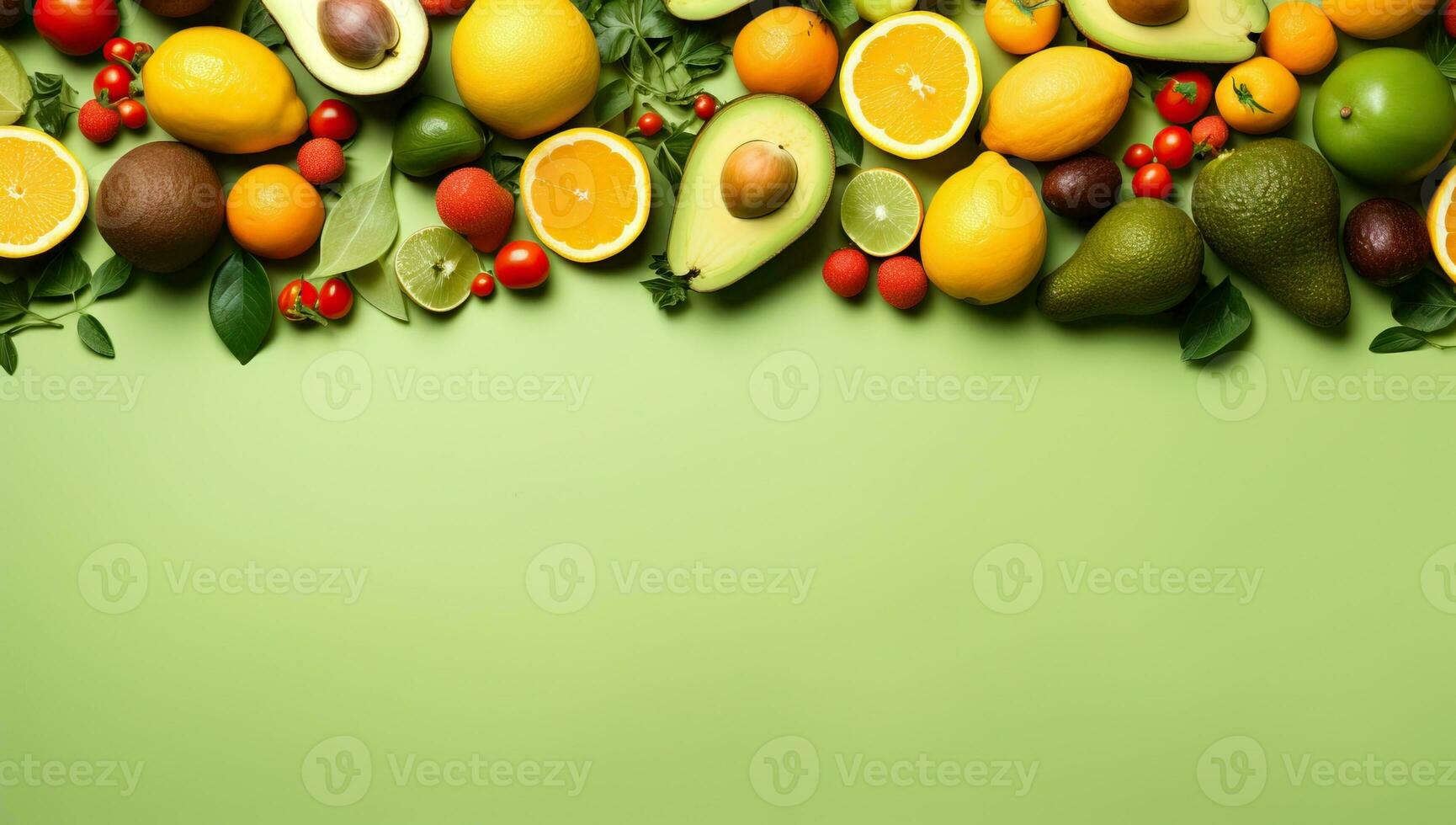 frutta e verdure su verde sfondo. superiore Visualizza con copia spazio. ai generato. foto