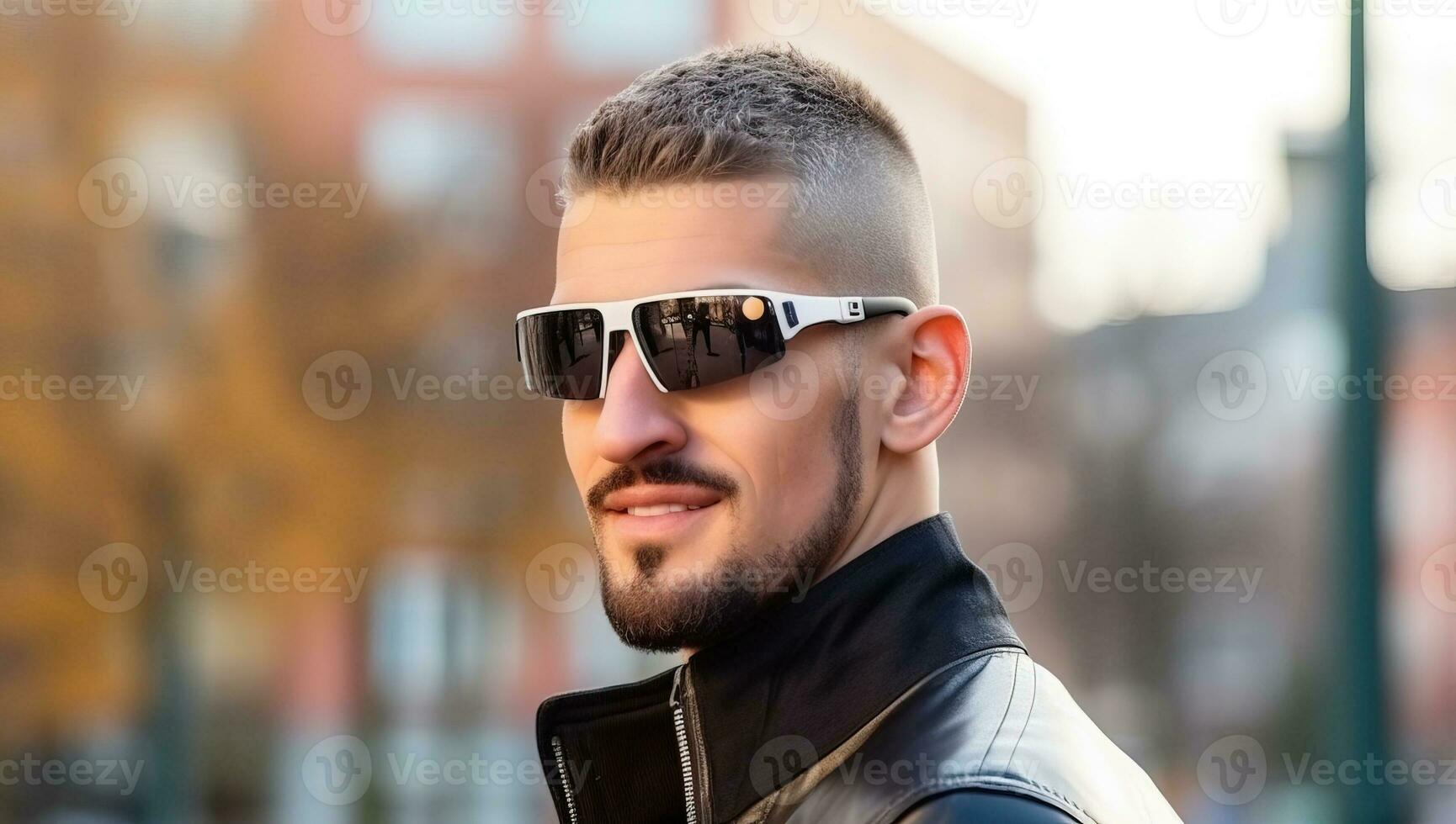 bello giovane uomo nel pelle giacca e occhiali da sole su il strada. ai generato. foto