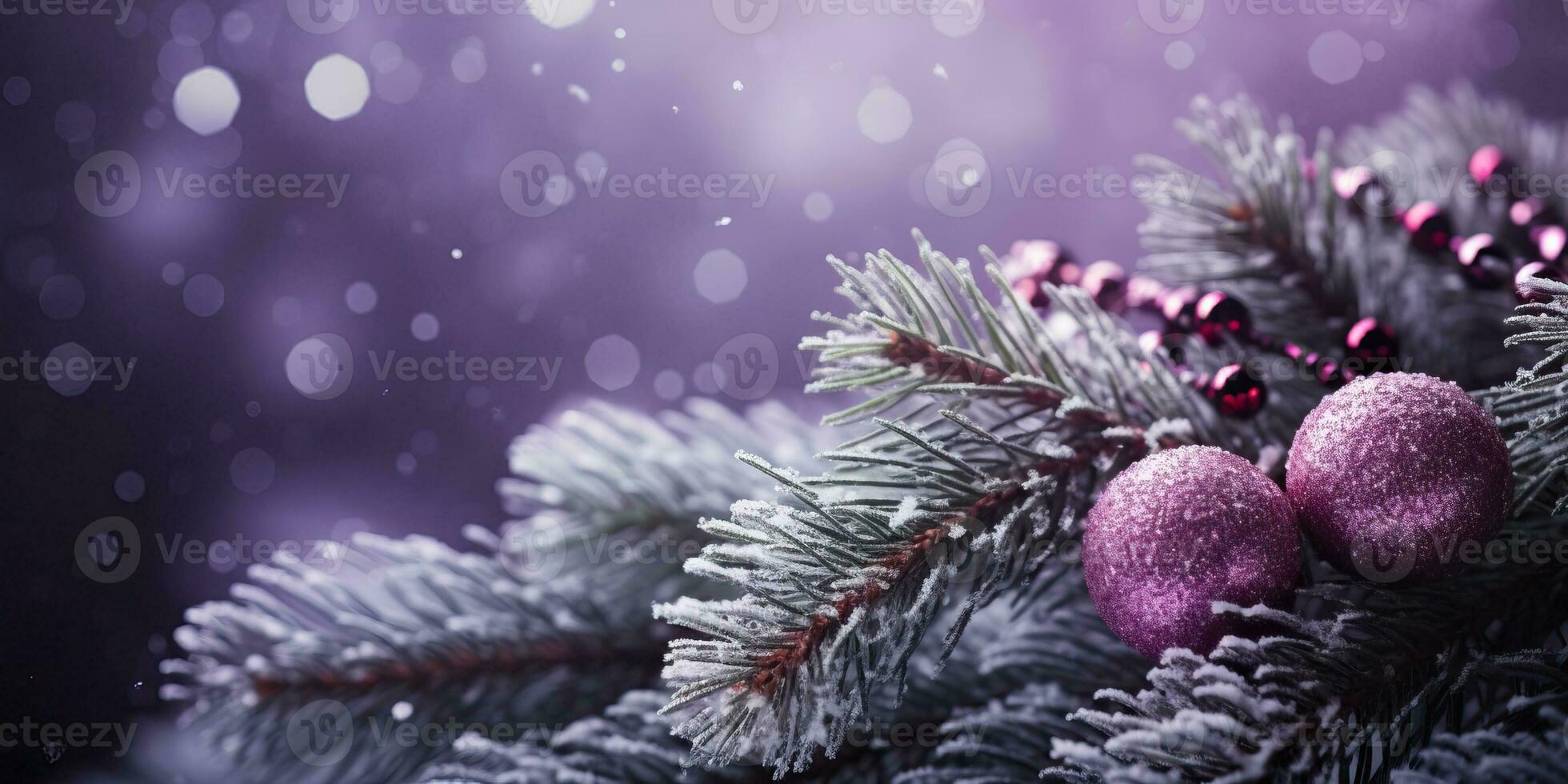 Natale albero ramo con viola palline e neve su bokeh sfondo. ai generato. foto