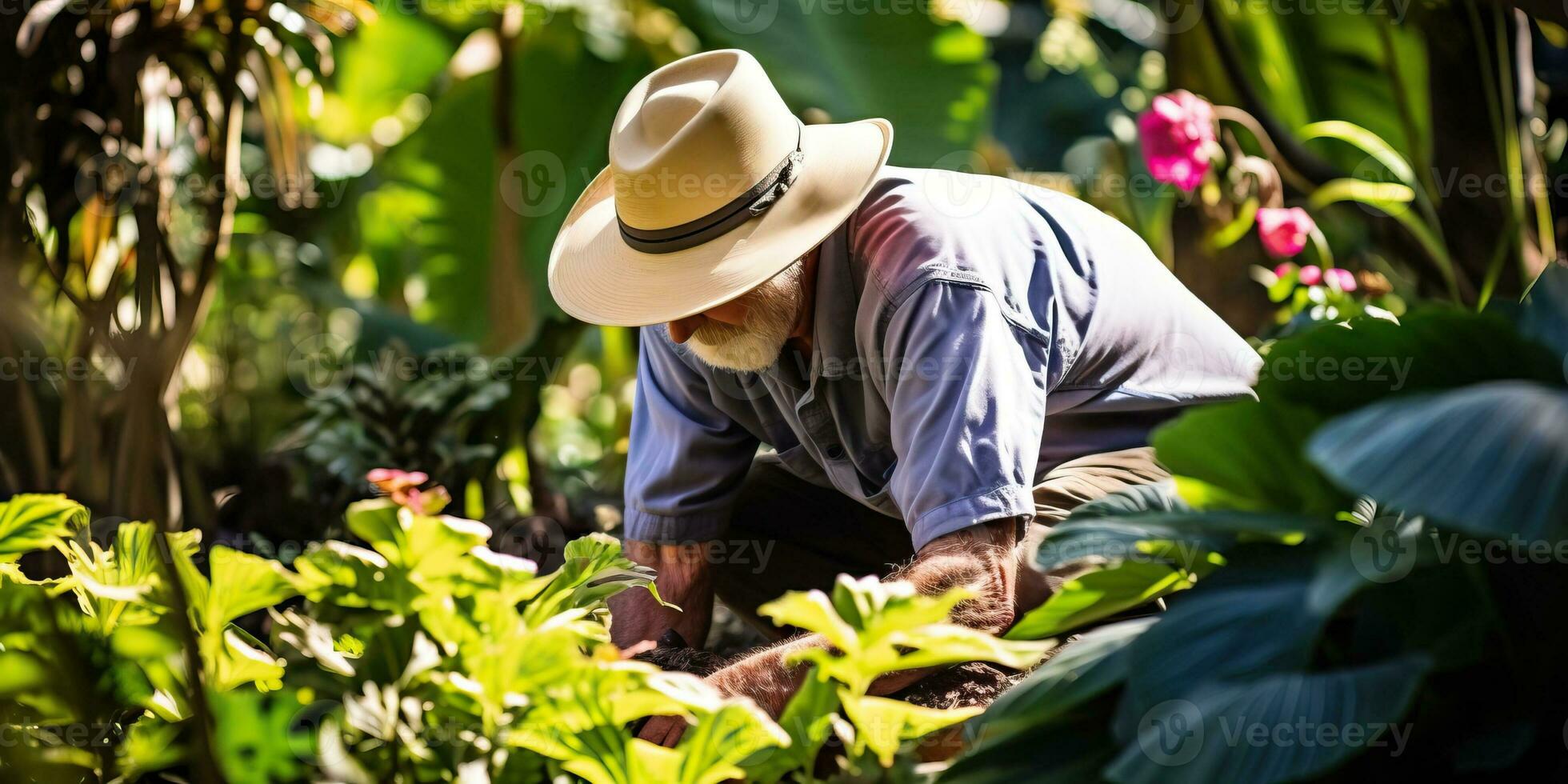 anziano uomo Lavorando nel il suo giardino su un' soleggiato giorno. ai generato. foto