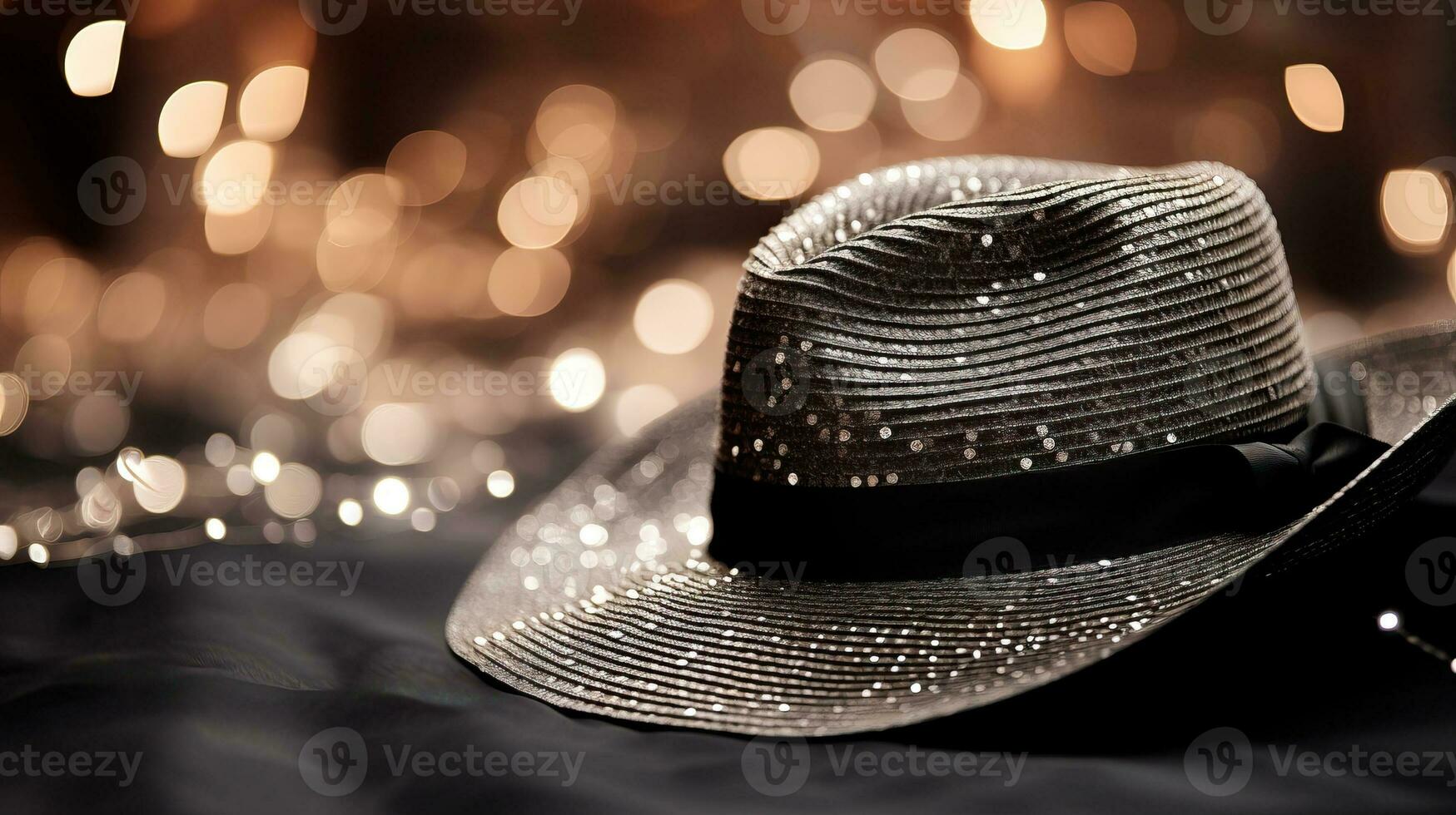 argento lustrino fedora cappello su nero tessuto con sfocato luci. ai generato. foto
