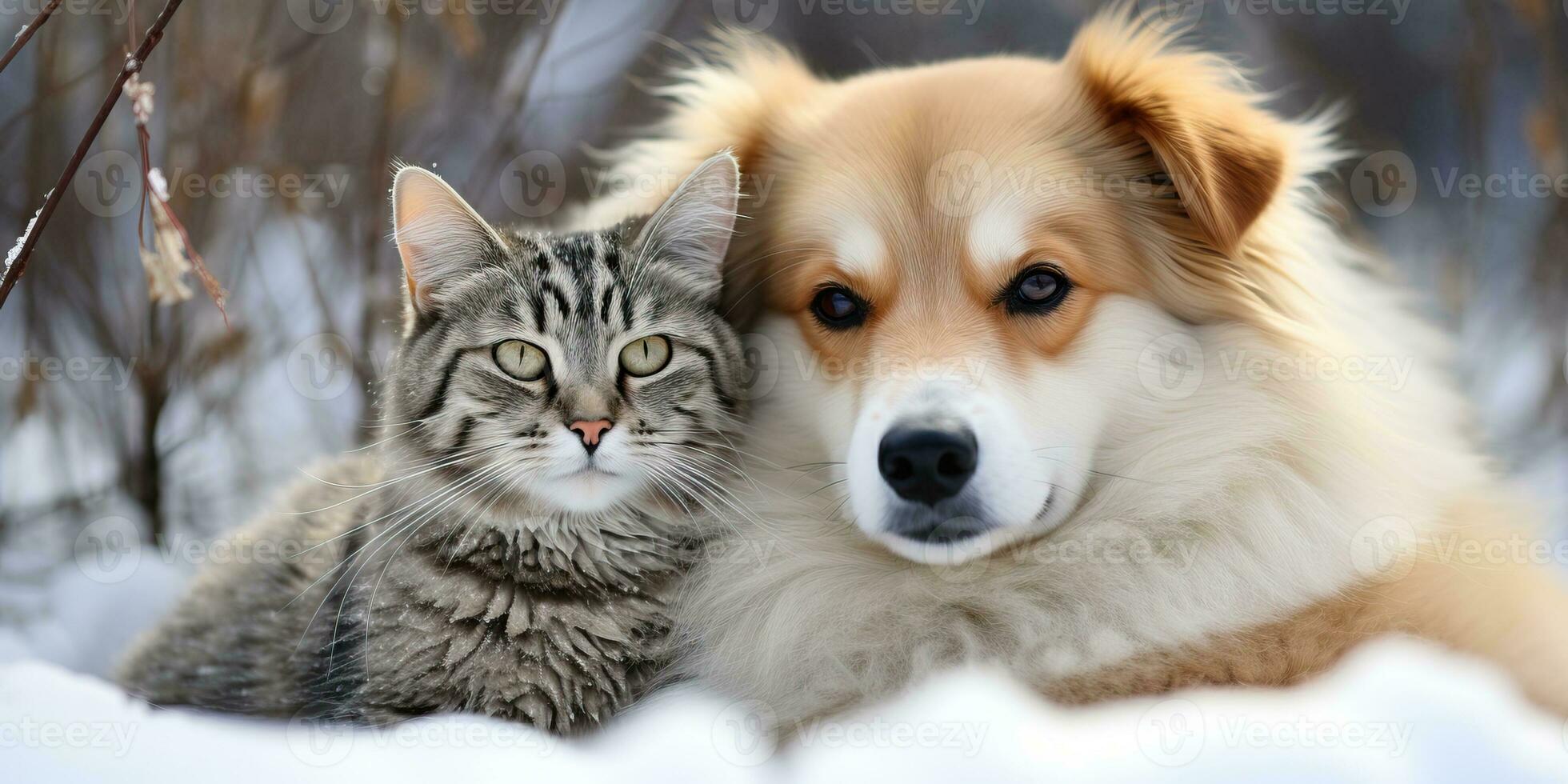 Due animale domestico nel il neve. ai generato. foto