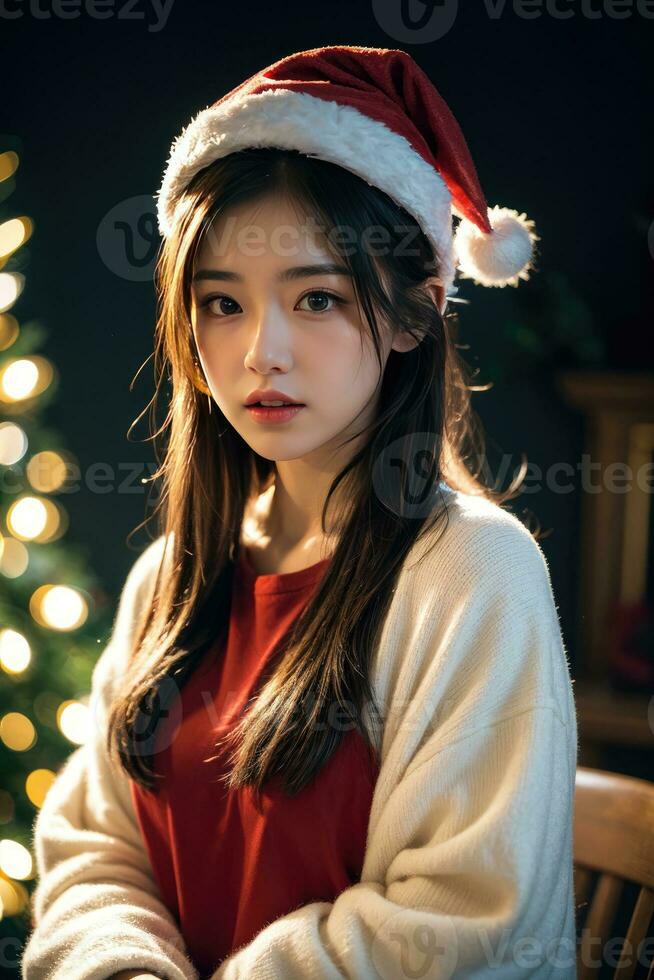 bellissimo ragazza nel Santa Claus Abiti al di sopra di Natale sfondo foto