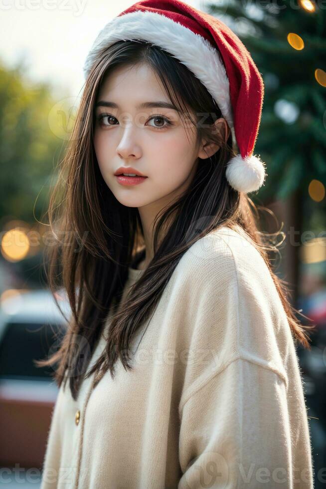 bellissimo ragazza nel Santa Claus Abiti al di sopra di Natale sfondo foto