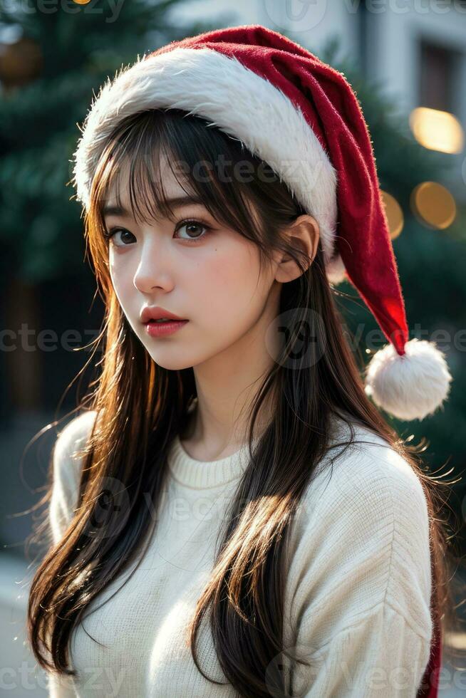 bellissimo ragazza nel Santa Claus Abiti al di sopra di Natale sfondo foto