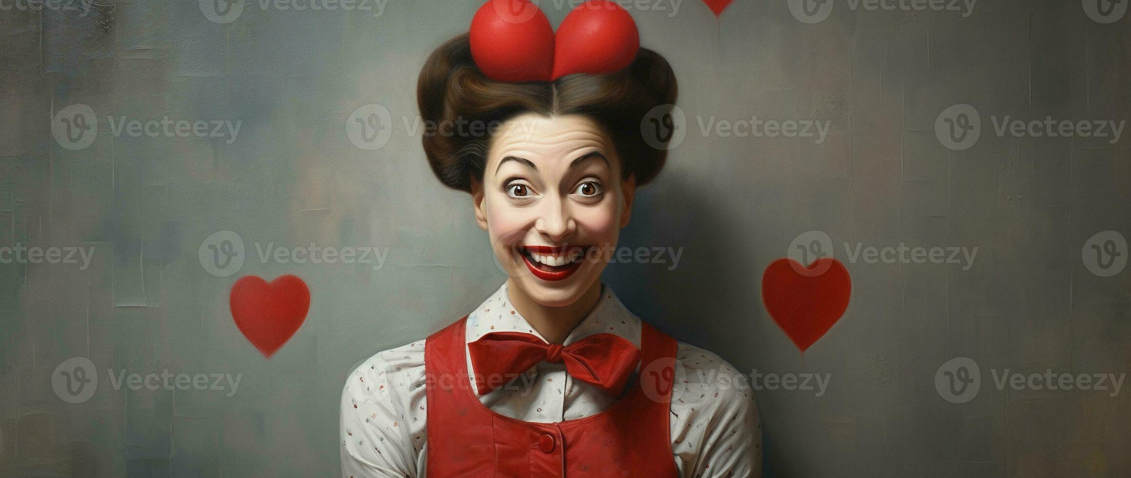 ritratto di un' contento donna con rosso cuore.valentino giorno concetto ai generato foto