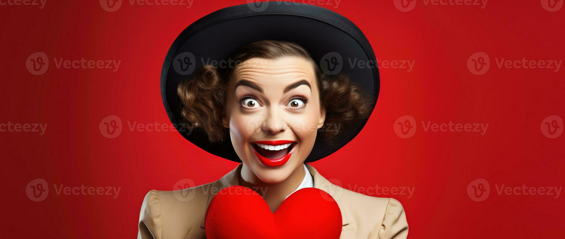 ritratto di un' contento donna con rosso cuore su un' rosso background.valentine's giorno concetto ai generato foto