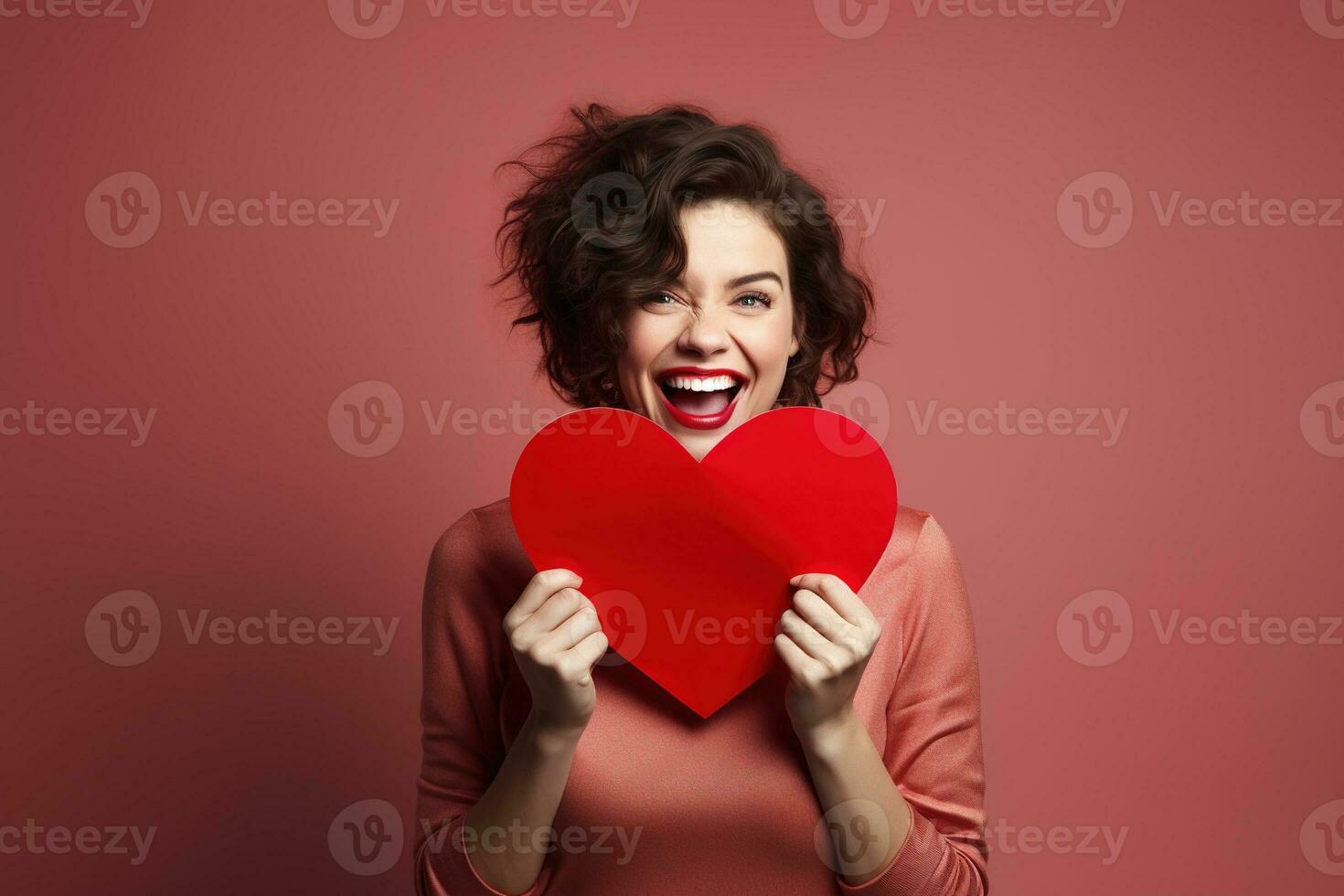 ritratto di un' contento donna con rosso cuore su un' rosso background.valentine's giorno concetto ai generato foto