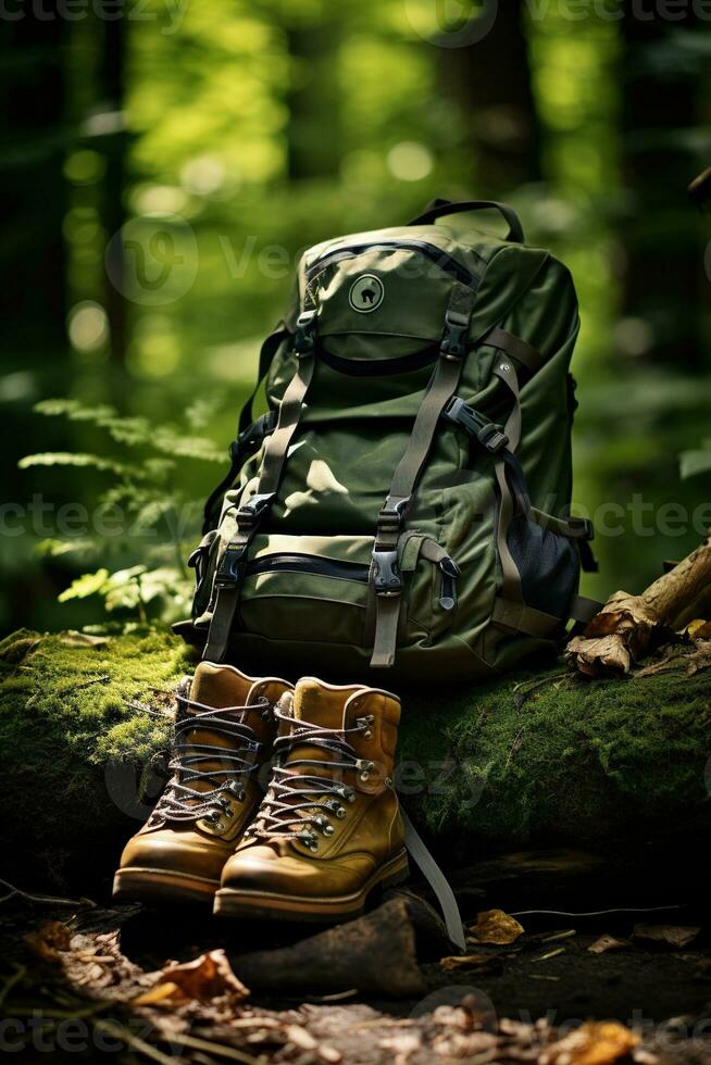 escursioni a piedi stivali e zaino nel il foresta. viaggio e avventura concetto ai generato foto