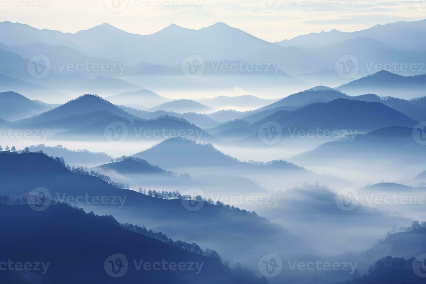 ai generato bellissimo paesaggio di montagne nel nebbioso mattina.bellezza nel natura. foto