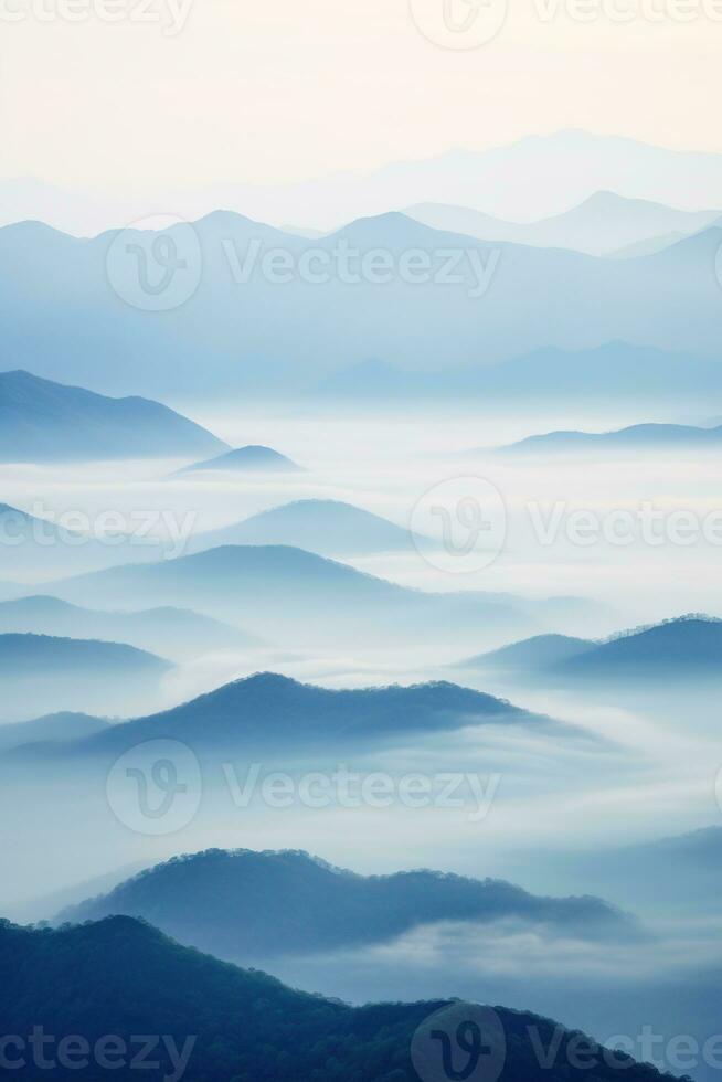 ai generato bellissimo paesaggio di montagne nel nebbioso mattina.bellezza nel natura. foto