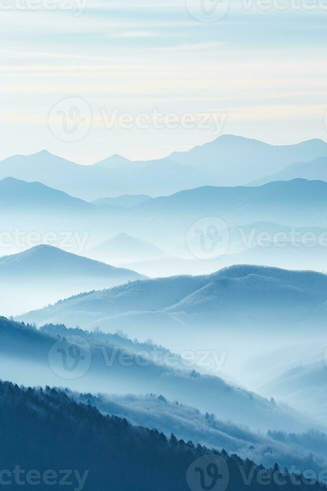 ai generato bellissimo paesaggio di montagne nel nebbioso mattina.bellezza nel natura. foto