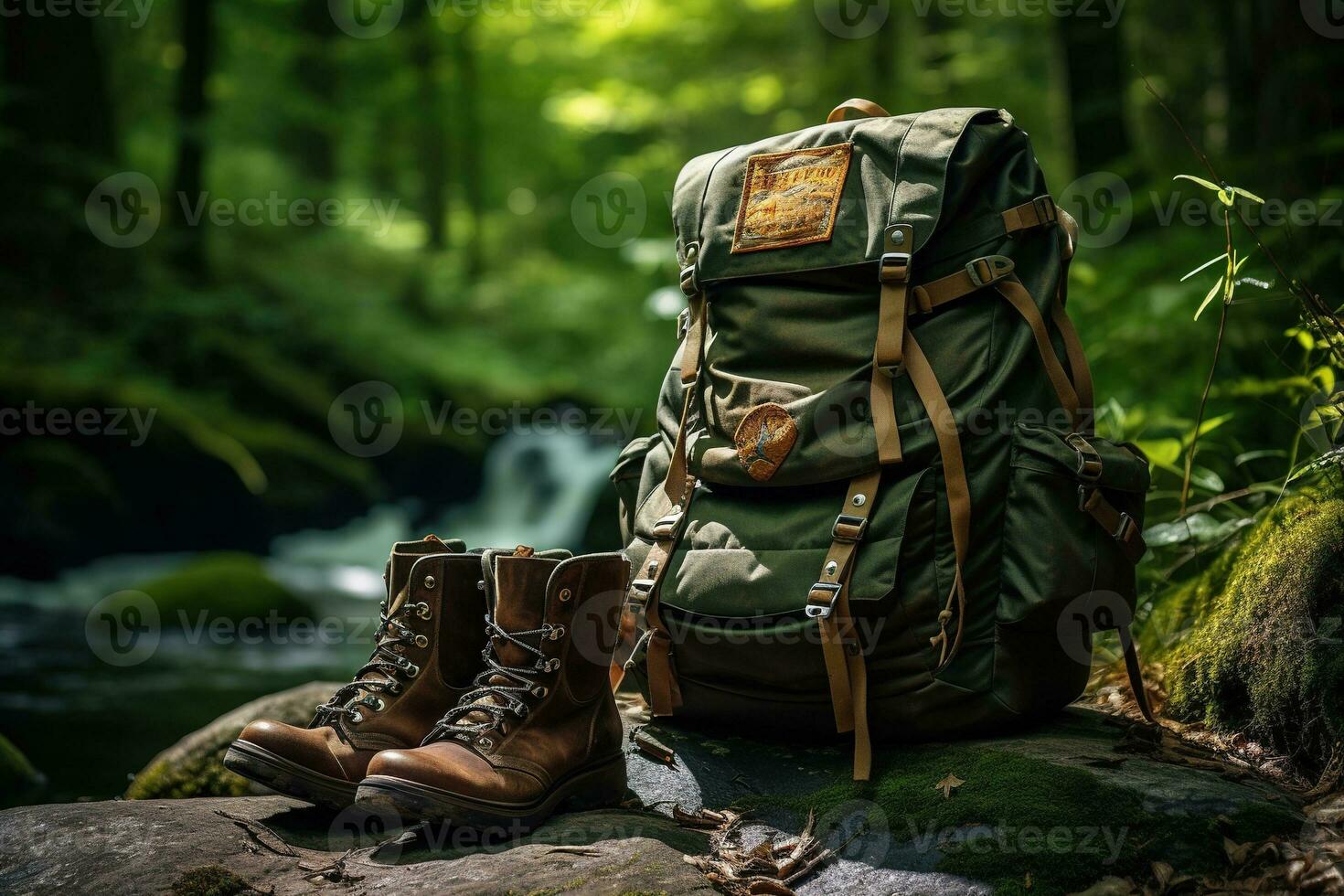 escursioni a piedi stivali e zaino nel il foresta. viaggio e avventura concetto ai generato foto