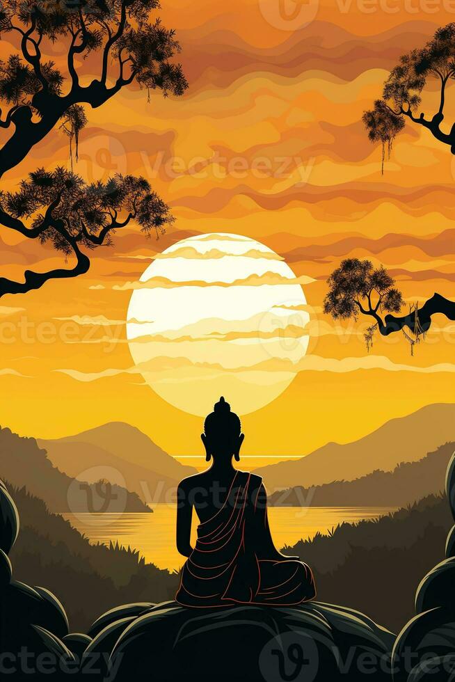 Budda statua e tramonto nel il mattina ai generato foto