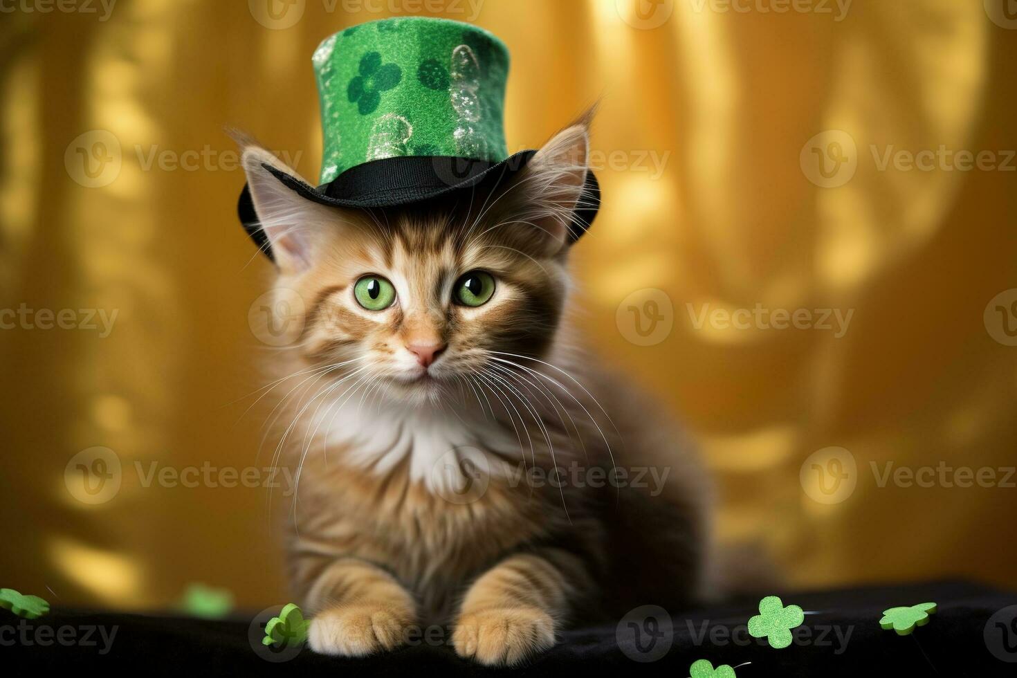 carino gatto indossare un' verde superiore cappello per st. Patrick giorno. ai generato foto