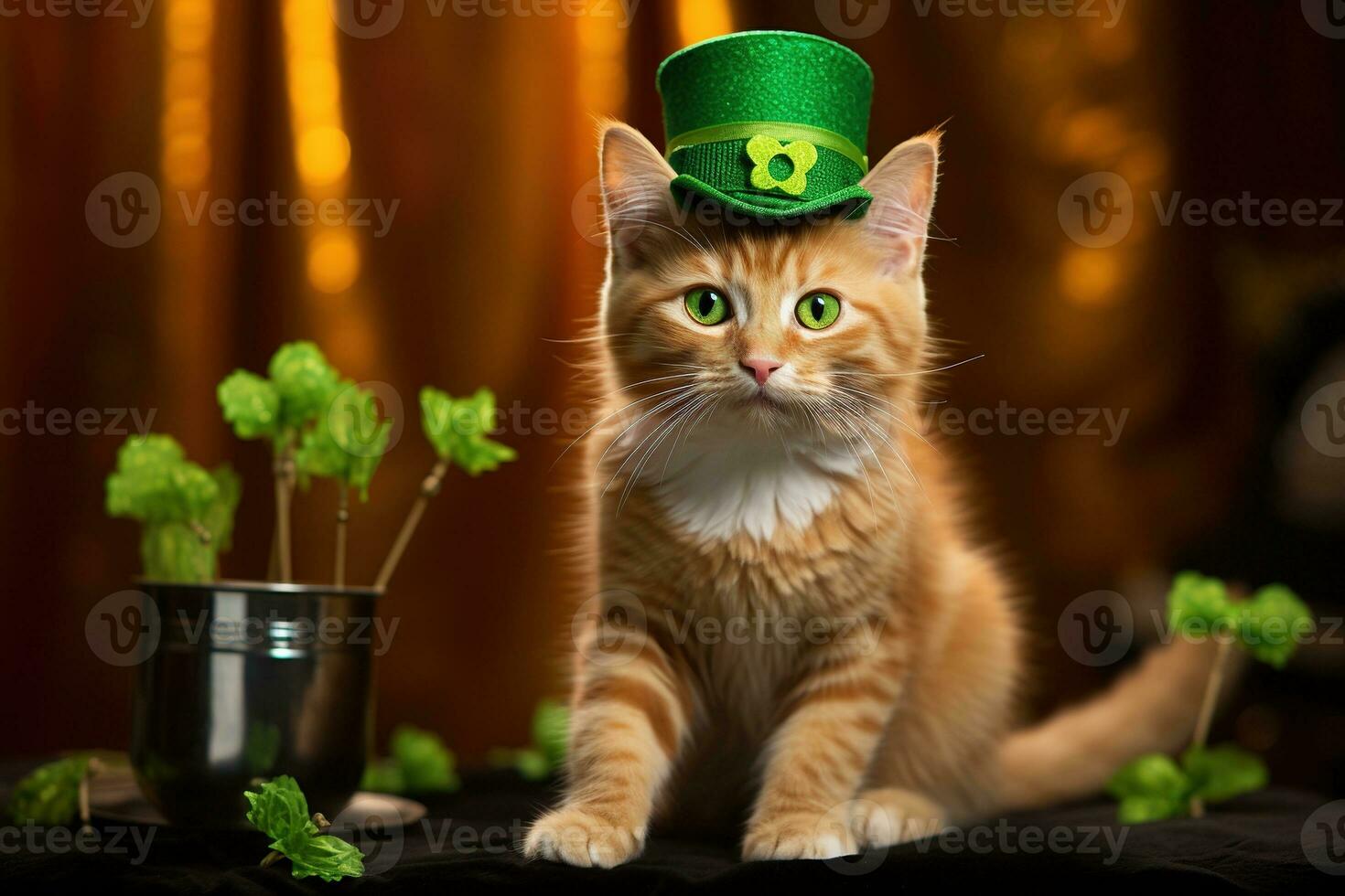 carino gatto indossare un' verde superiore cappello per st. Patrick giorno. ai generato foto