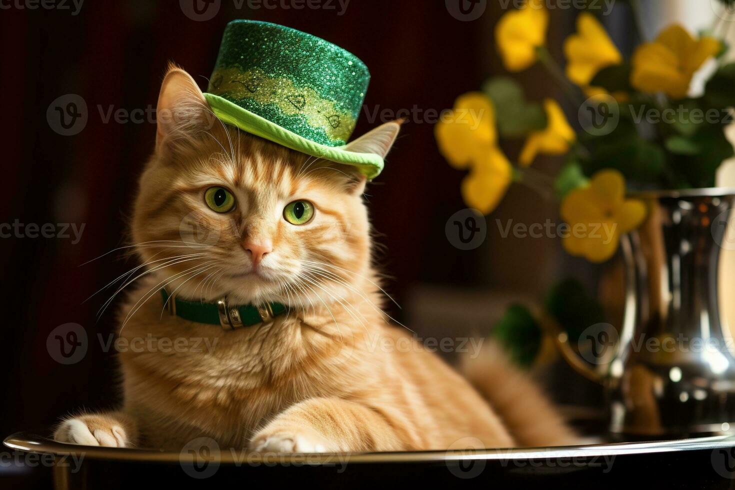 carino gatto indossare un' verde superiore cappello per st. Patrick giorno. ai generato foto