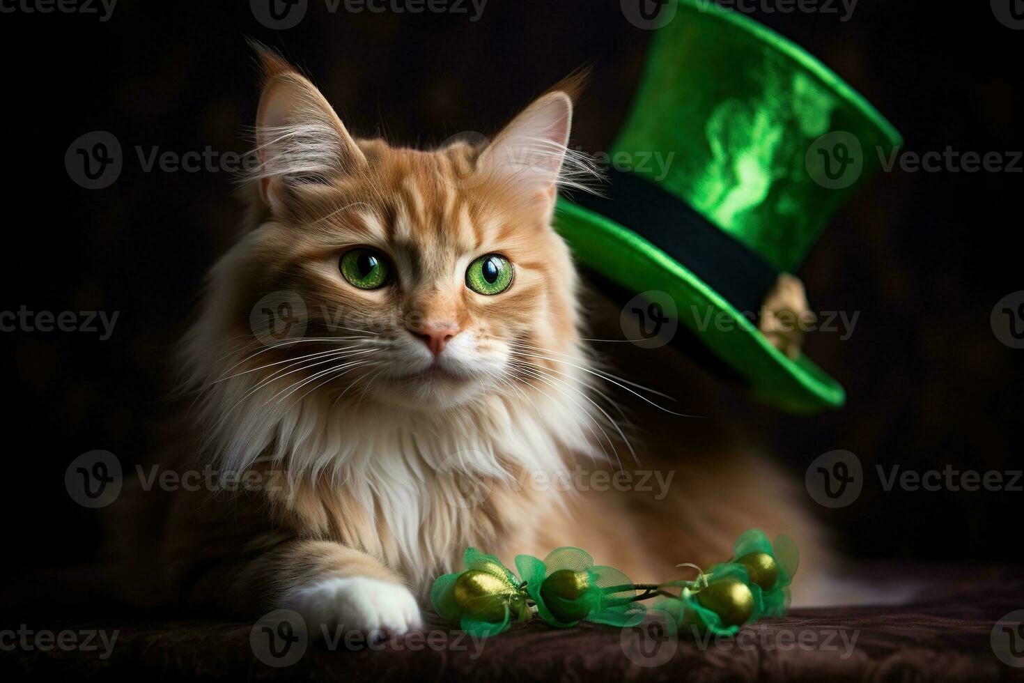 carino gatto indossare un' verde superiore cappello per st. Patrick giorno. ai generato foto