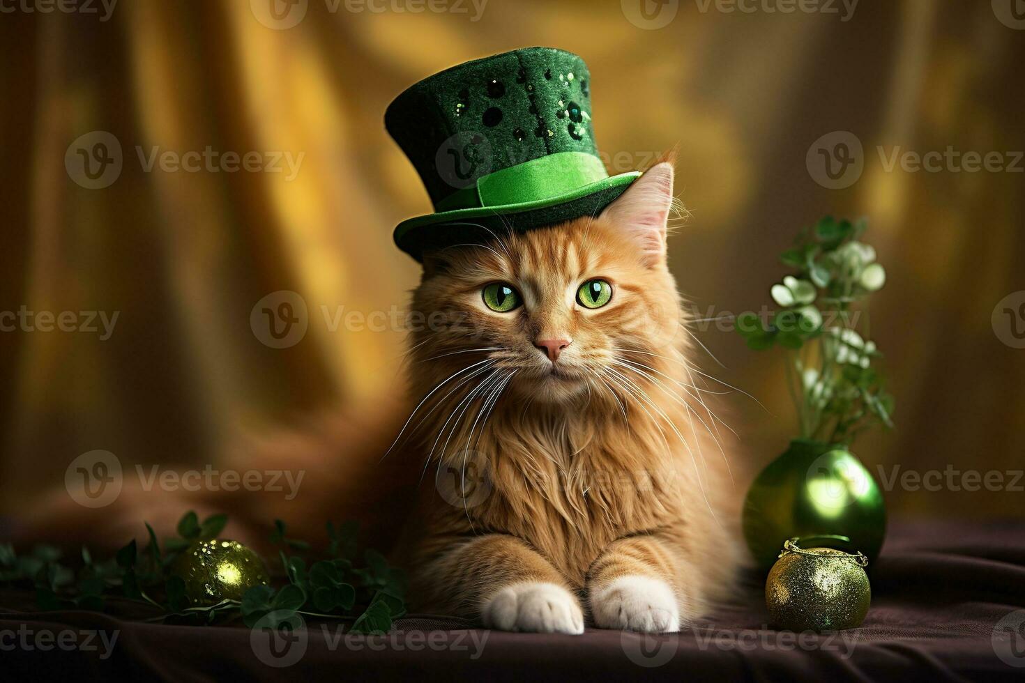 carino gatto indossare un' verde superiore cappello per st. Patrick giorno. ai generato foto