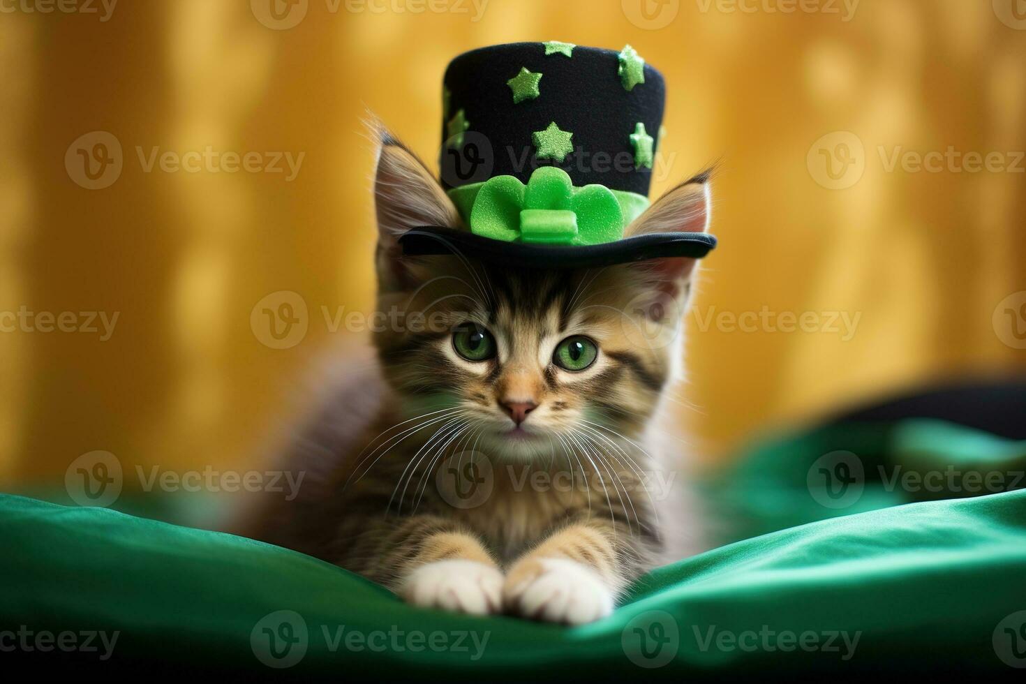 carino gatto indossare un' verde superiore cappello per st. Patrick giorno. ai generato foto