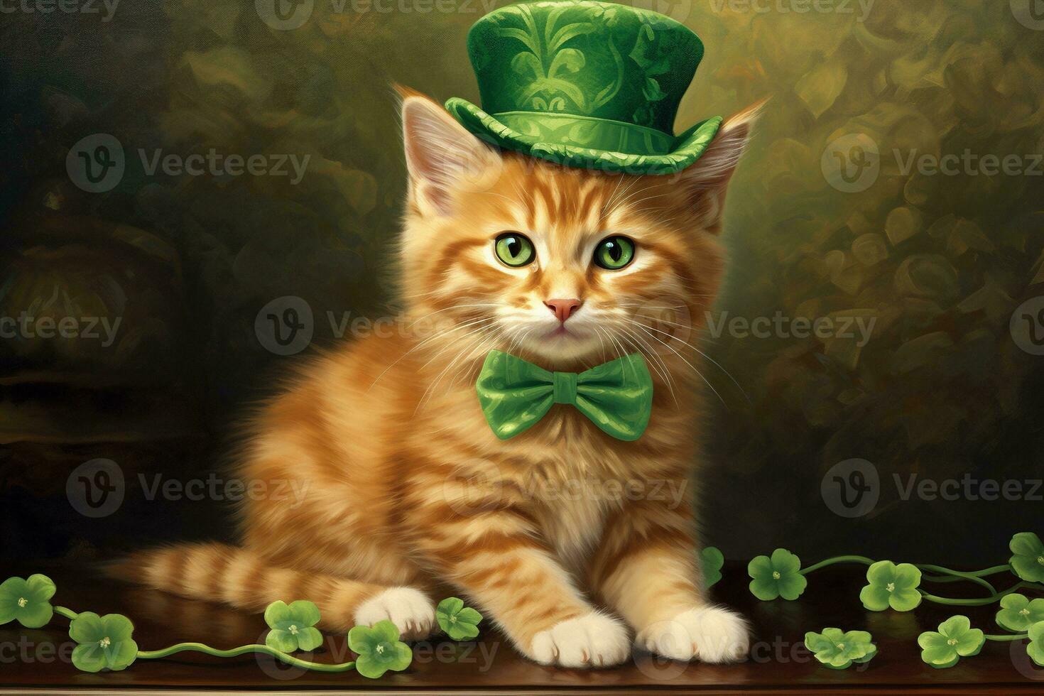 carino gatto indossare un' verde superiore cappello per st. Patrick giorno. ai generato foto