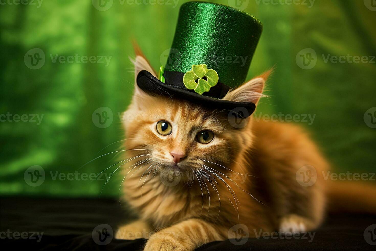 carino gatto indossare un' verde superiore cappello per st. Patrick giorno. ai generato foto