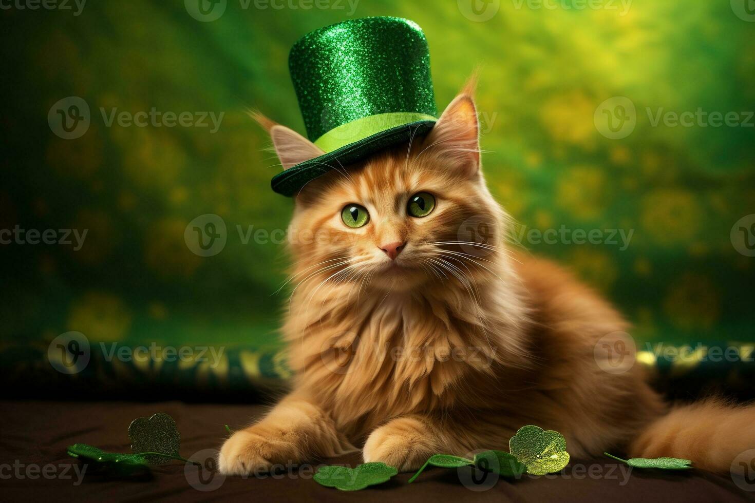 carino gatto indossare un' verde superiore cappello per st. Patrick giorno. ai generato foto