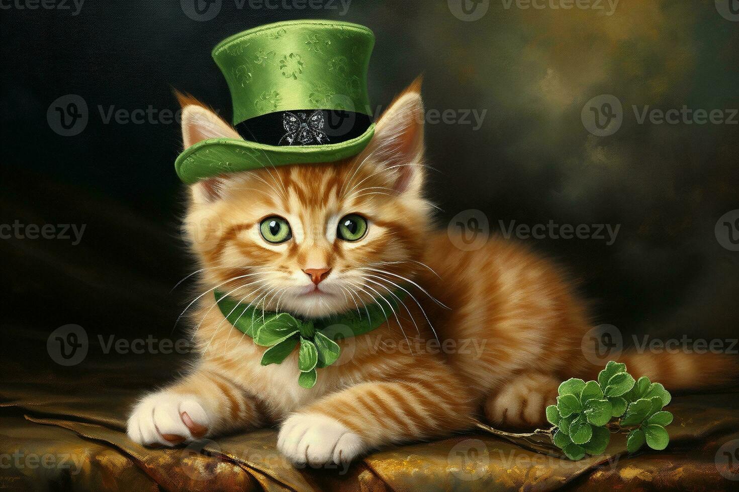 carino gatto indossare un' verde superiore cappello per st. Patrick giorno. ai generato foto