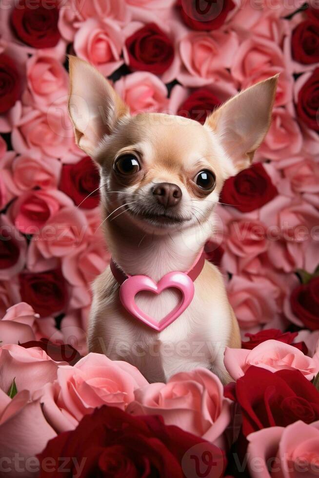 ritratto san valentino di un' carino chihuahua cane con Rose ai generato foto