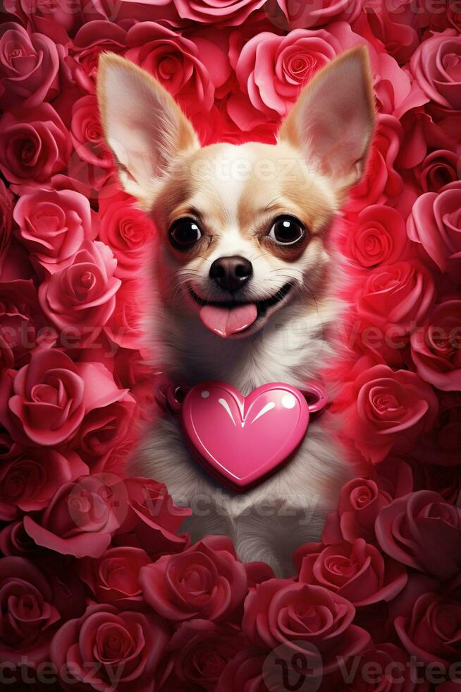 ritratto san valentino di un' carino chihuahua cane con Rose ai generato foto