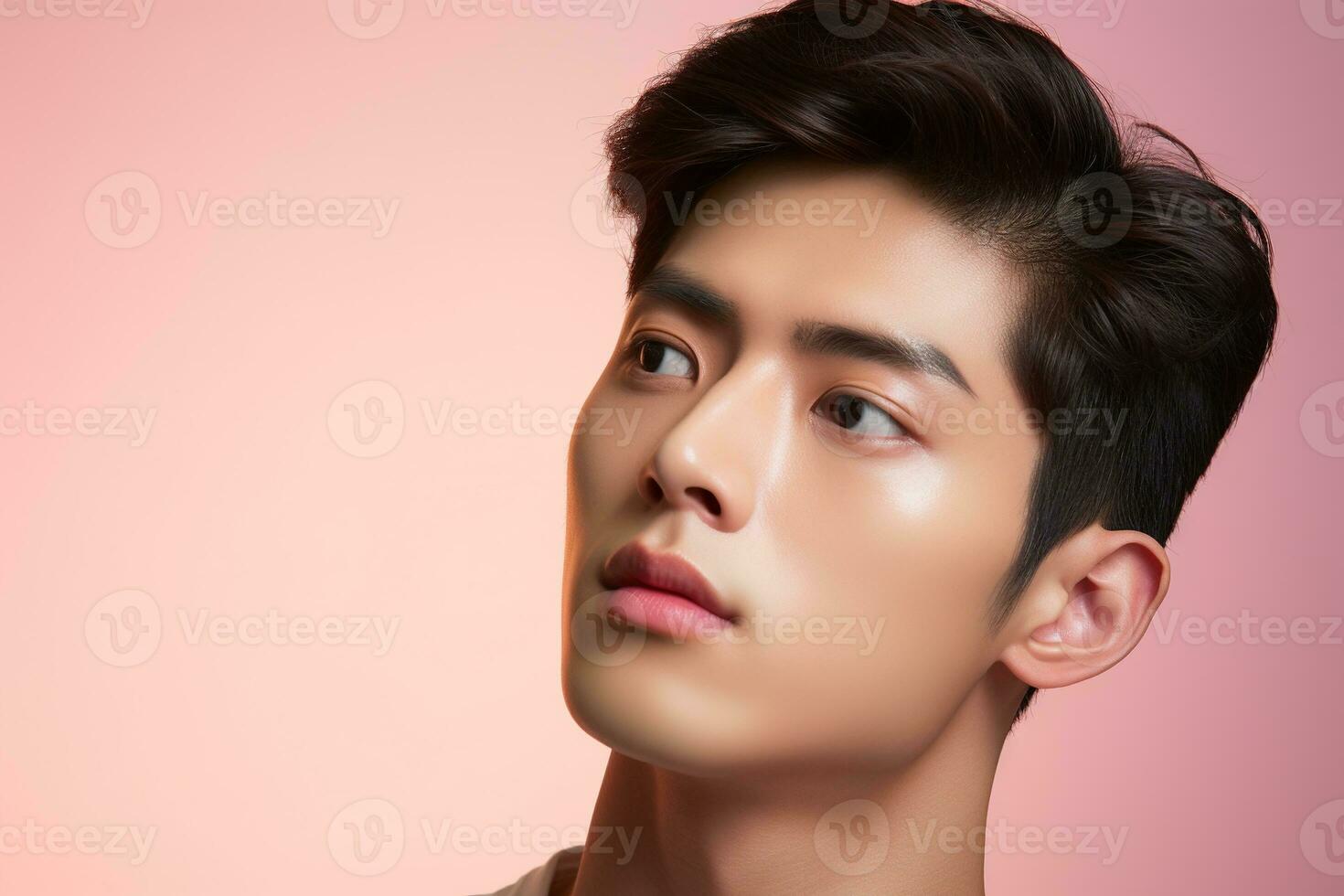 ritratto di un' bellissimo giovane asiatico uomo su rosa sfondo.asiatico bellezza ai generato foto