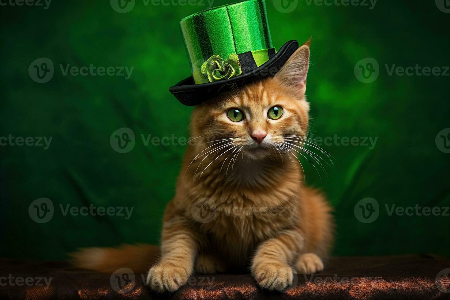 carino gatto indossare un' verde superiore cappello per st. Patrick giorno. ai generato foto